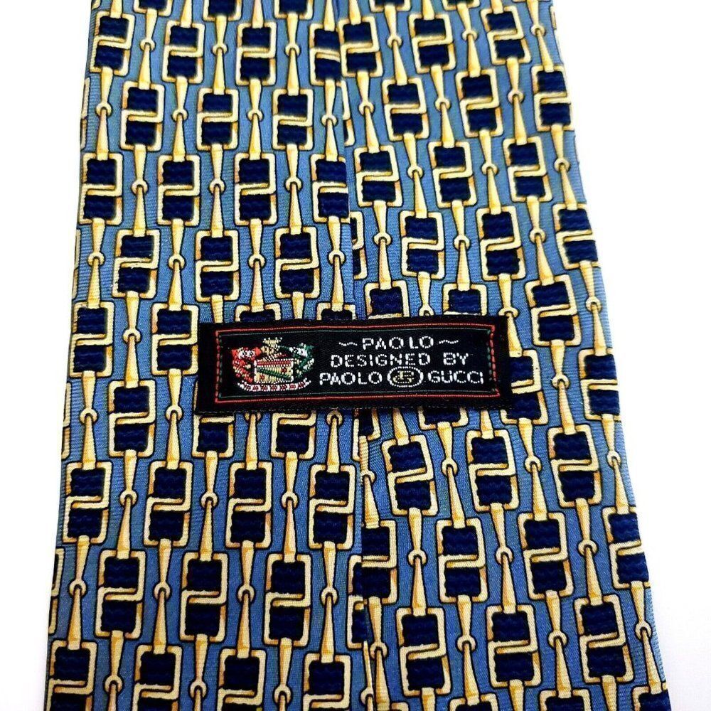 Paolo Gucci Blue Yellow Silk Tie Woven Geometric "Chain" Print - Picture 5 of 7